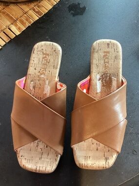 Kork Brown Leather Crossover Slide Mules